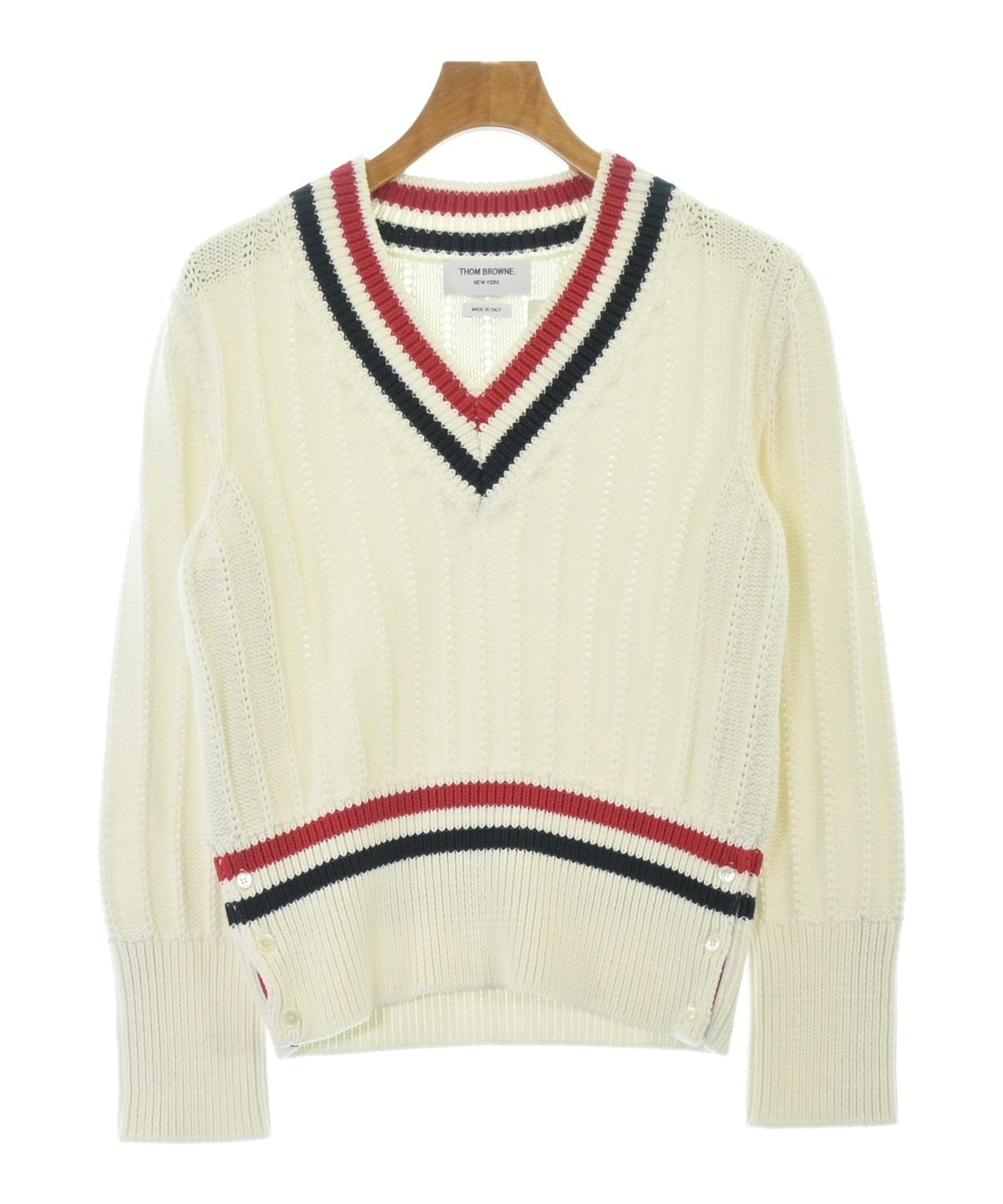 THOM BROWNE ホワイト ニットセーター 美品 L THOM BROWNE（トムブラウン）ニット・セーター 白 サイズ:1(S位