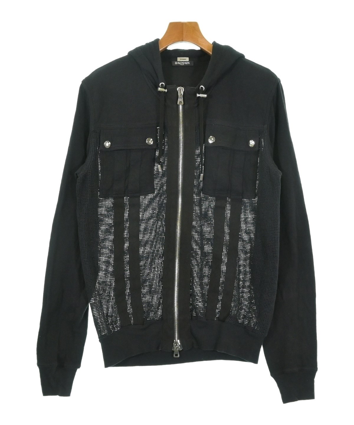 BALMAIN（バルマン）レザー切替バイカージップアップパーカー BALMAIN（バルマン）パーカー 黒 サイズ:M メンズ/2200731939015