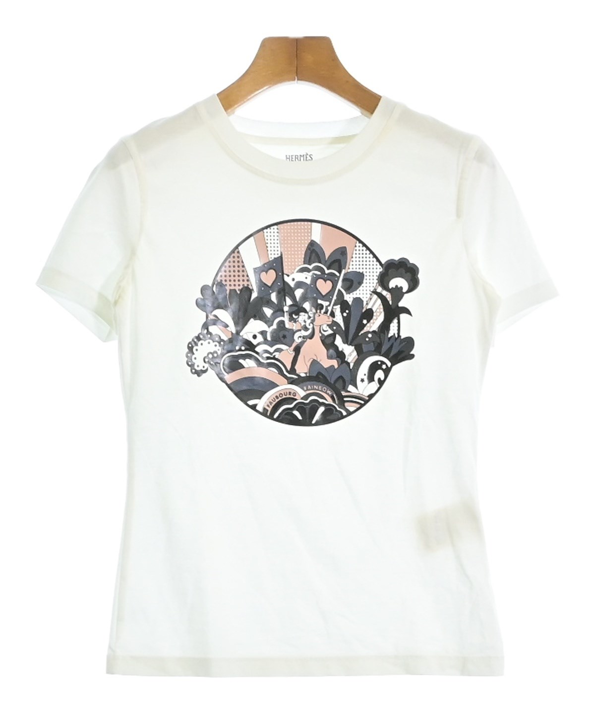 HERMES エルメス Tシャツ カットソー トップス 22春夏 ブラック ホワイト 黒 白 40 L 半袖 クルーネック リブ チェーン柄 ジャガード タイト 総柄 高級 エレガント カジュアル 大人 着回し ハイブランド 【レディース】【中古】【K3674】 HERMES（エルメス）Tシャツ・カットソー 白 サイズ:34(XXS位