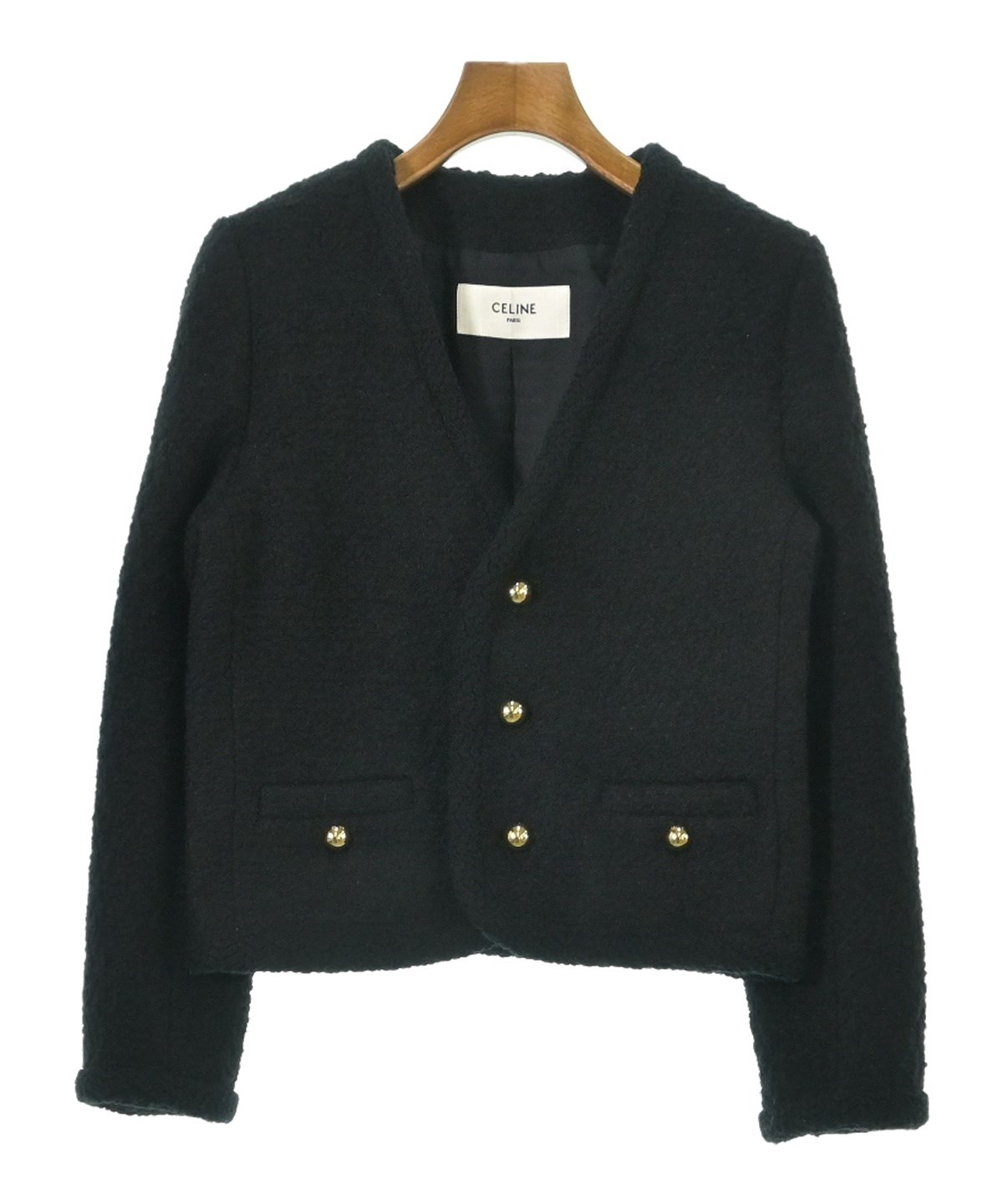 【訳あり】CELINE ノーカラージャケット ブラック 金ボタン ウール 38 CELINE（セリーヌ）ノーカラージャケット 黒 サイズ:34(XXS位