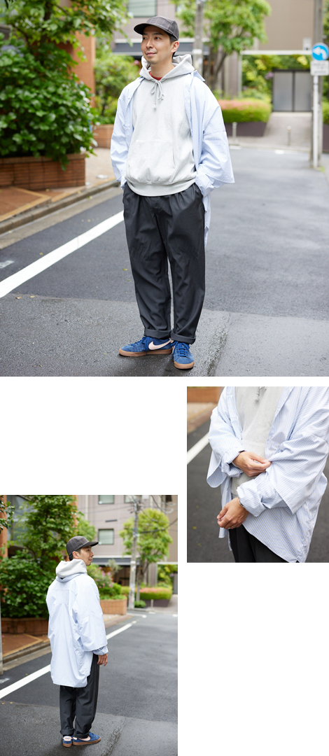 オーバーシャツとの意外性あるレイヤード