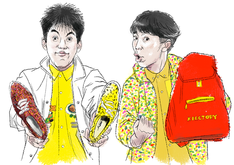 当時の東京のお笑いシーンを席巻していたお笑いコンビのとんねるず。TV番組「夕やけニャンニャン」の衣装は池田ノブオのケーファクトリーだった。(イラスト 高松啓二)