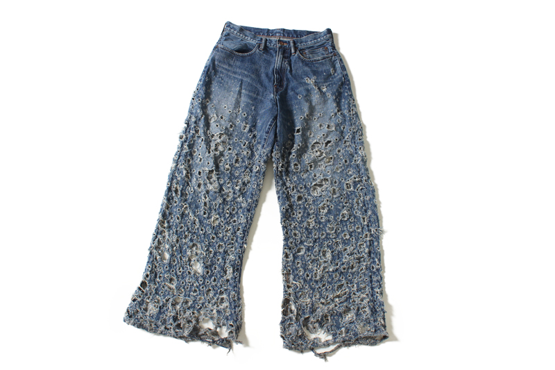 “CRASHED MODERN DENIM WIDE TROUSERS”
